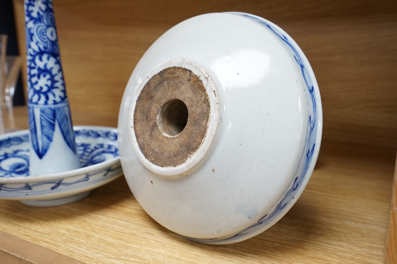 Two Chinese blue and white earthenware joss stick holders, tallest 27cm high. Condition - damage to top and bottom rims